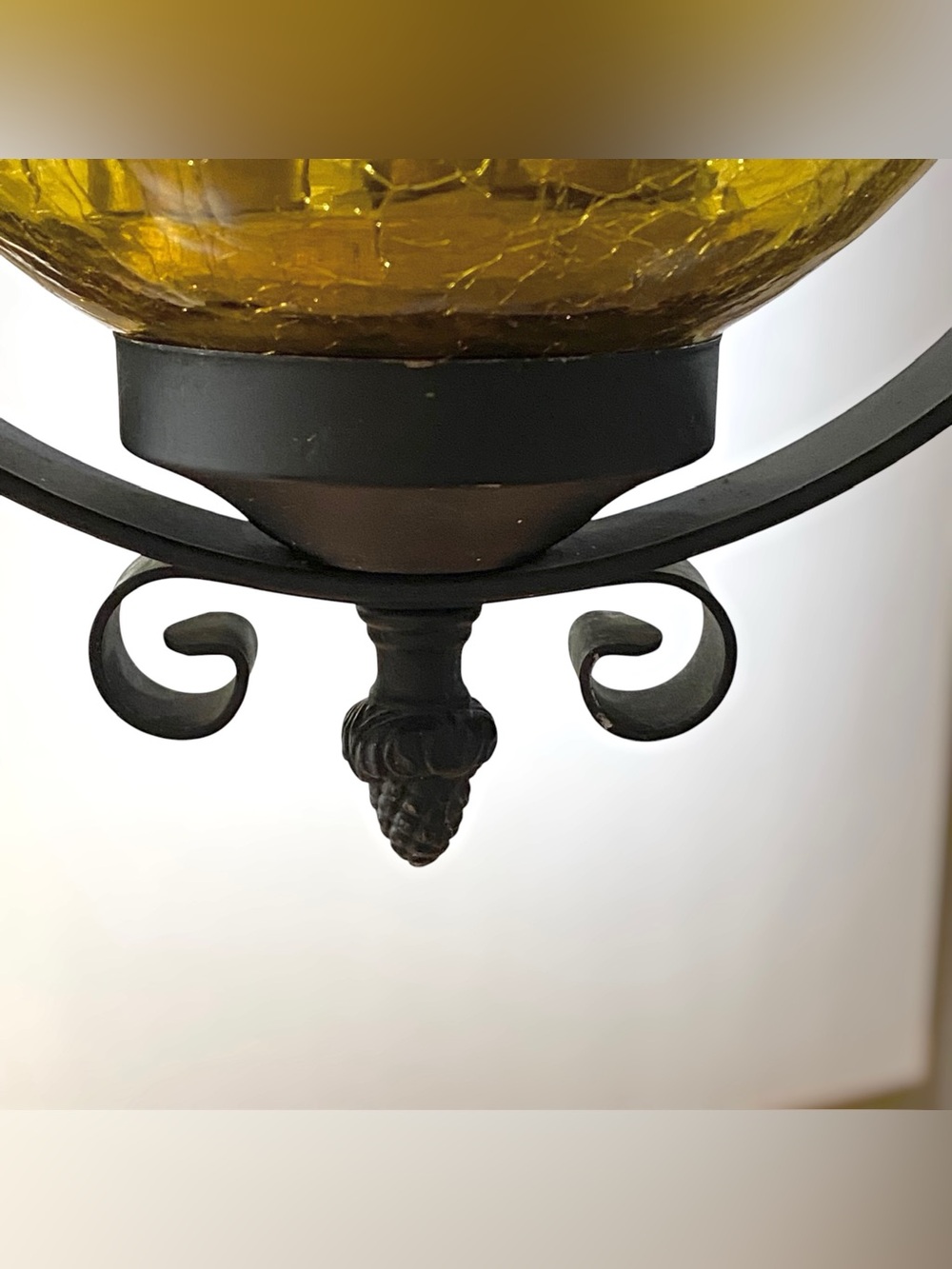 Vintage Amber Wrought Iron Hanging 3 Bulb Ceiling Light Crackle Glass MCM - Picture 6 of 9